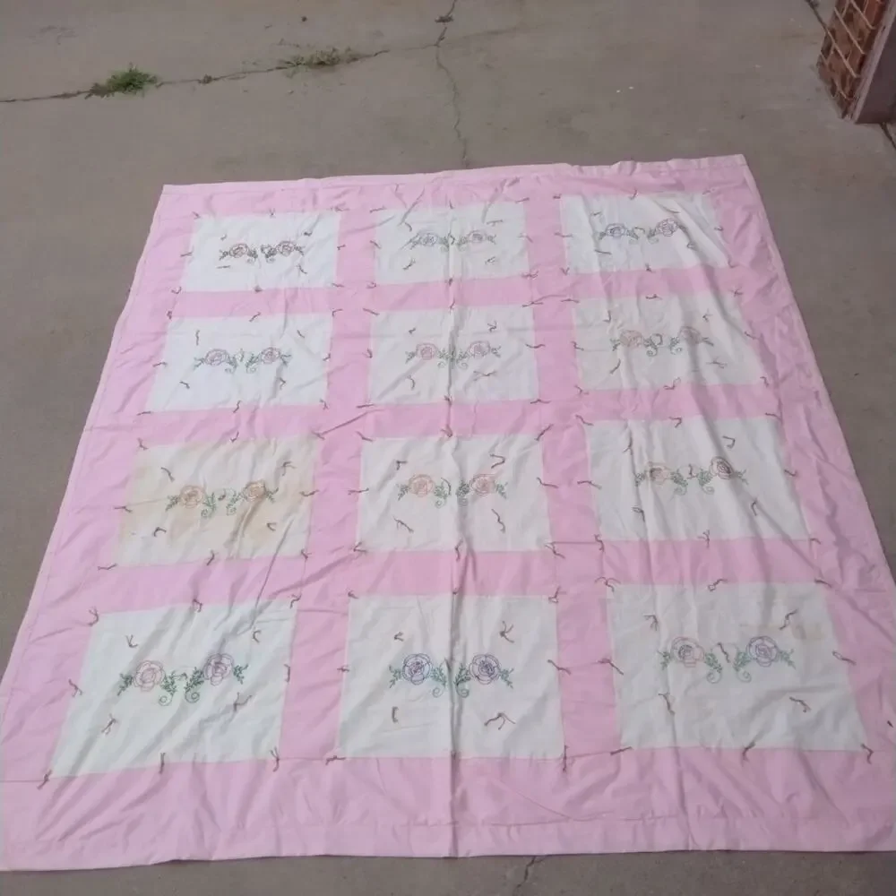 Handmade and Hand Embroidered with Flowers PinkQuilt Throw 76